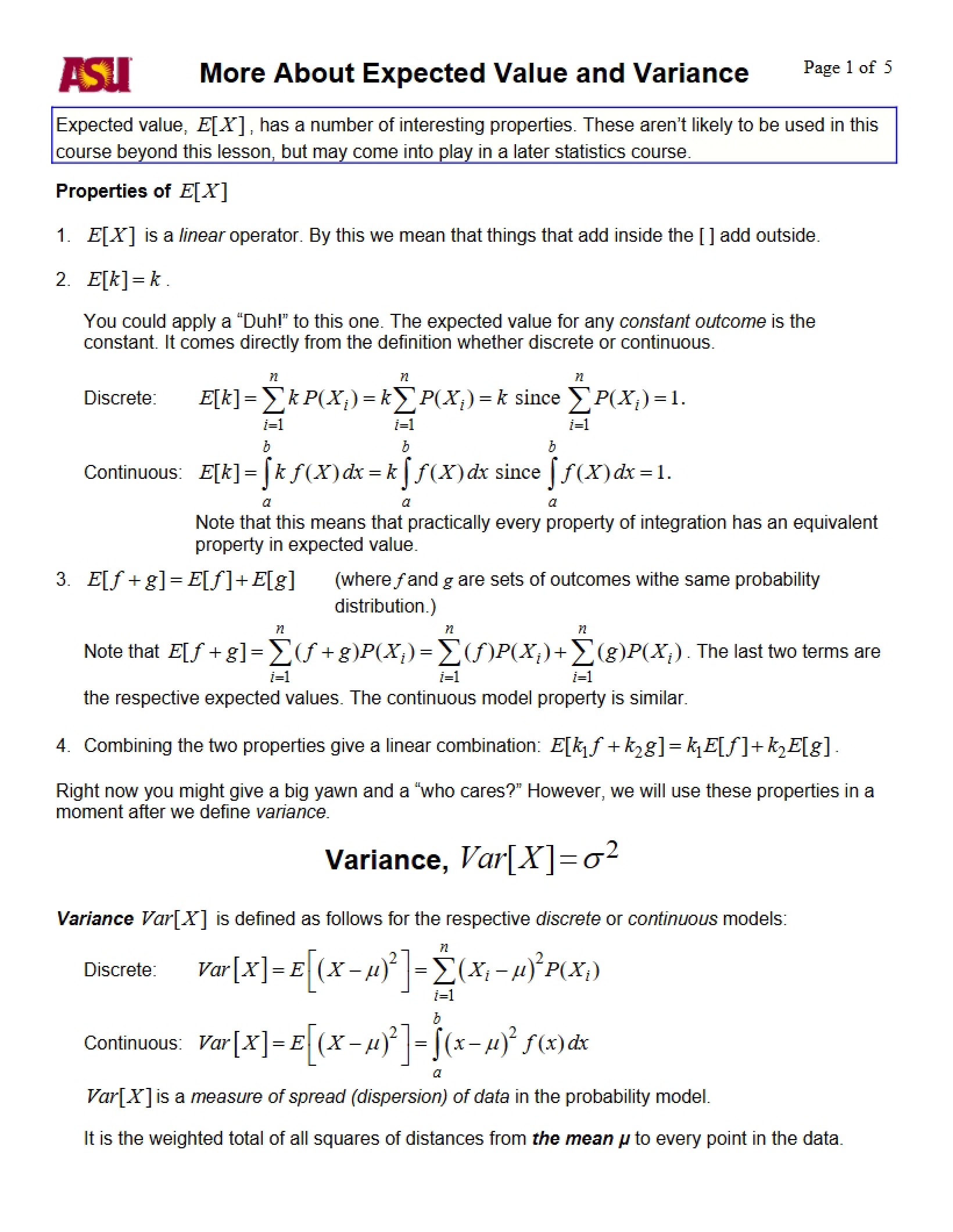Variance and Expected Value Advanced Topics