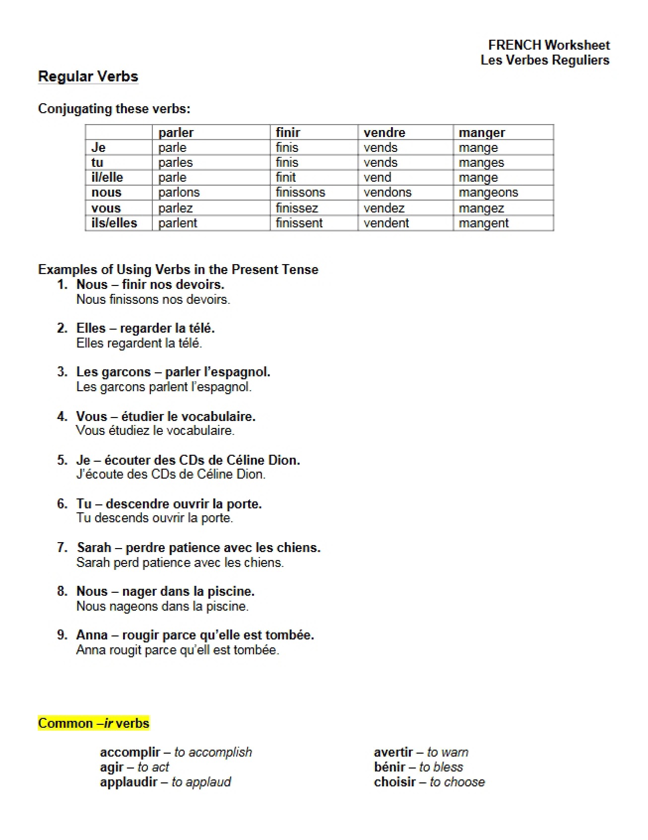 Worksheet for French Class