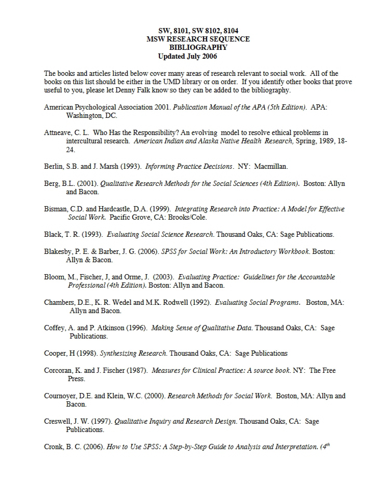 Research Sequence for MSW
