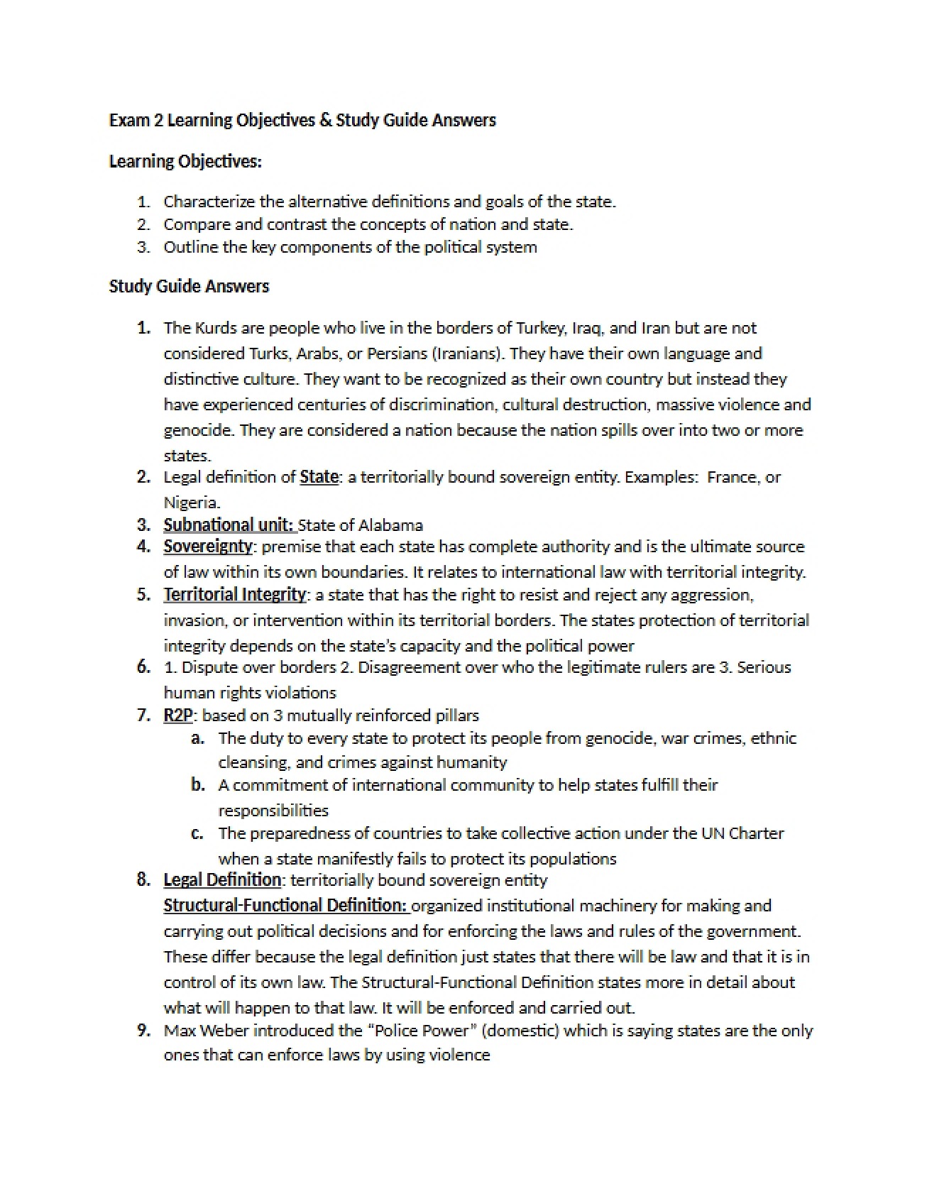 Answers for Exam Two Study Guide