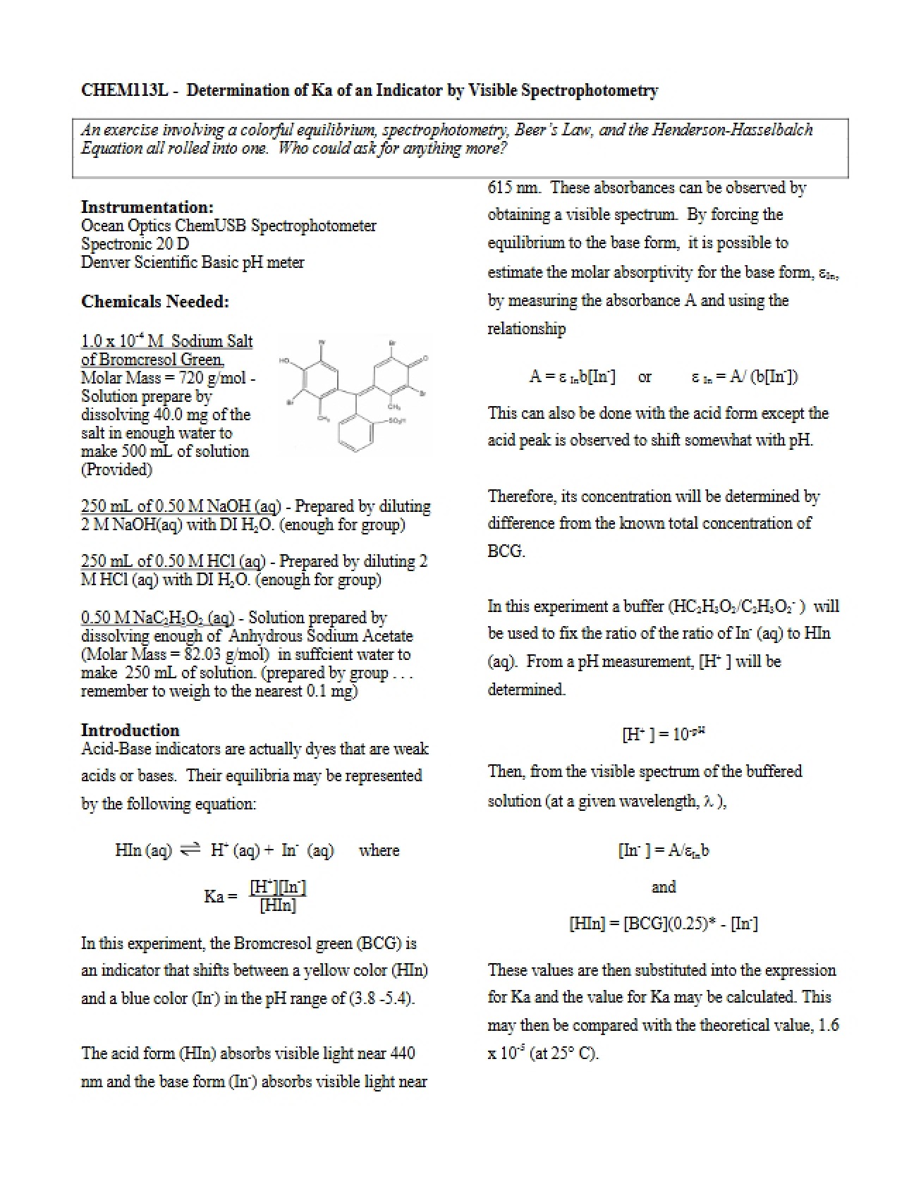 Visible Spectrophotometry Determining Ka of an Indicator