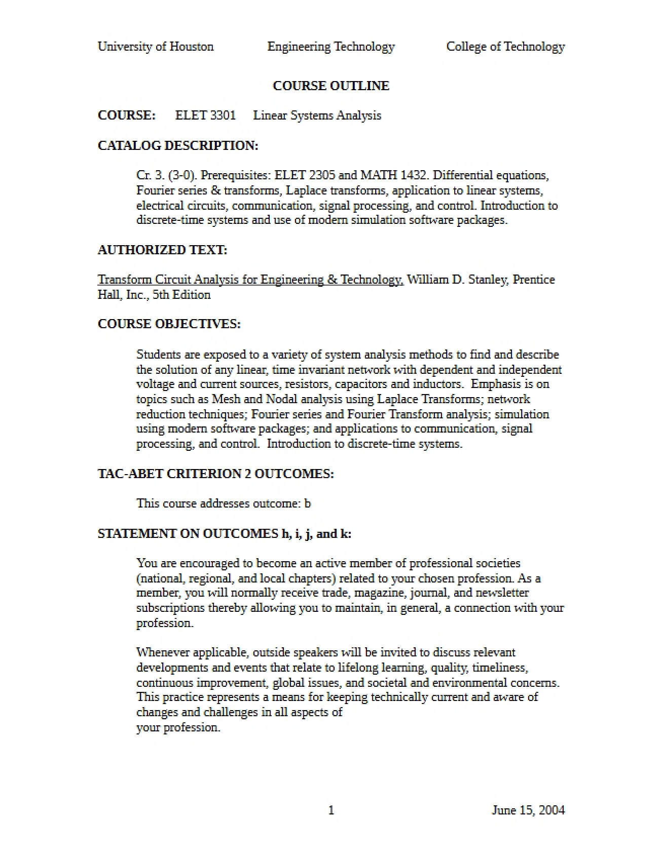 Linear Systems Analysis Outline
