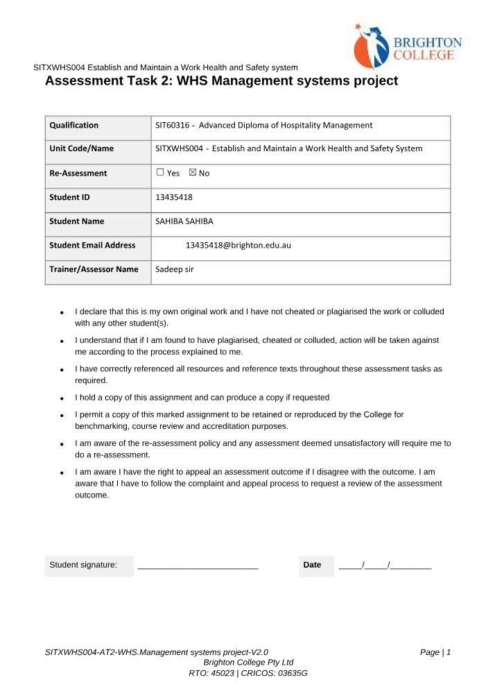 Assessment Task 2 - Establish and Maintain a WHS System