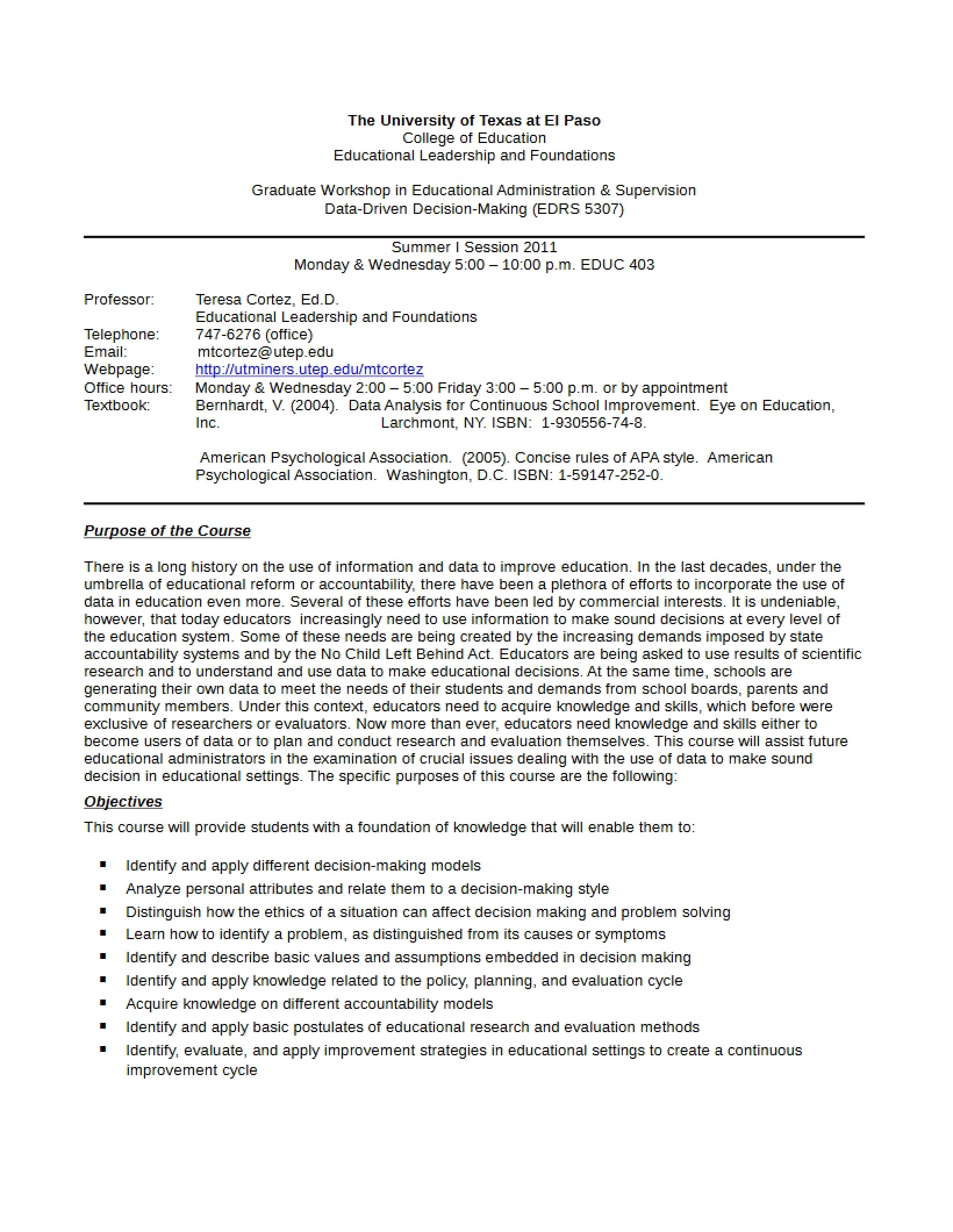 Data Based Decision Making Syllabus - 4 Pages