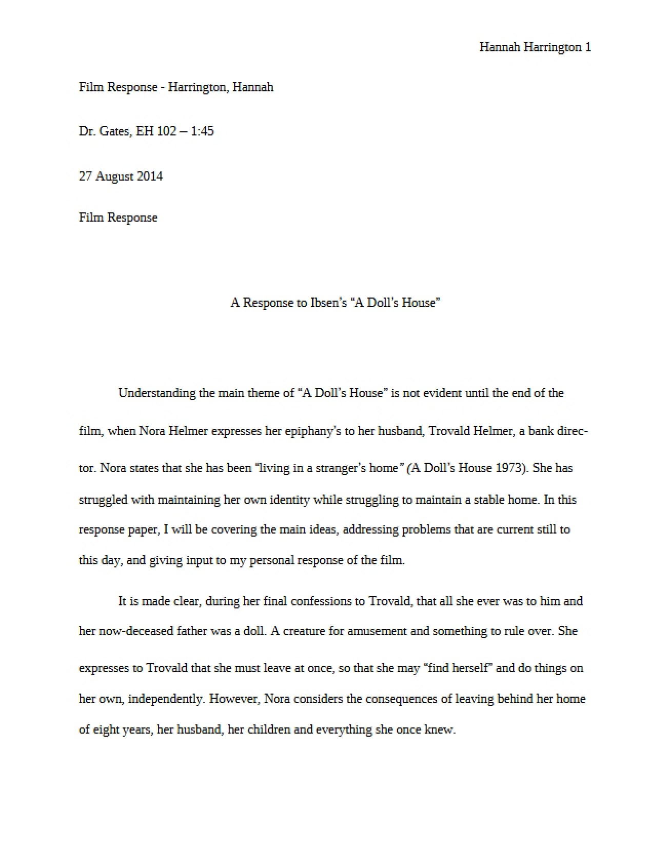 Response to the Play A Doll's House by Ibsen