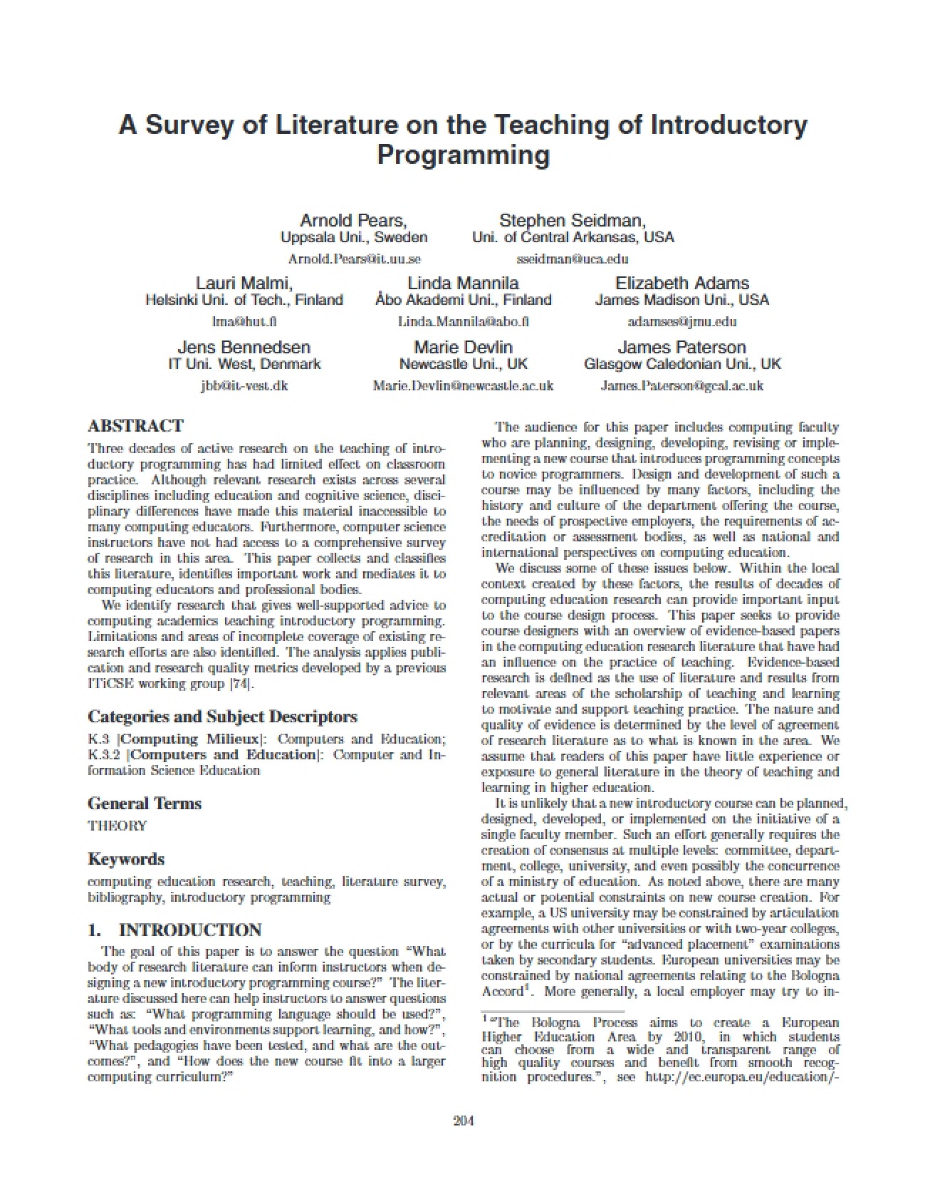 Introductory Programming Teaching Literature Survey