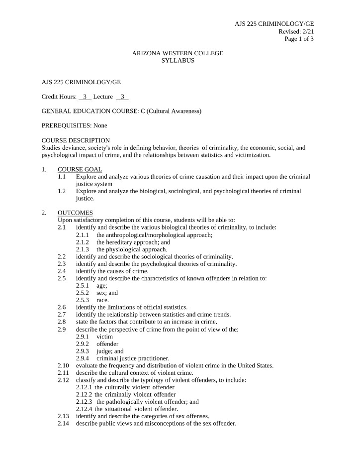 Criminology (AJS 225) GE Syllabus