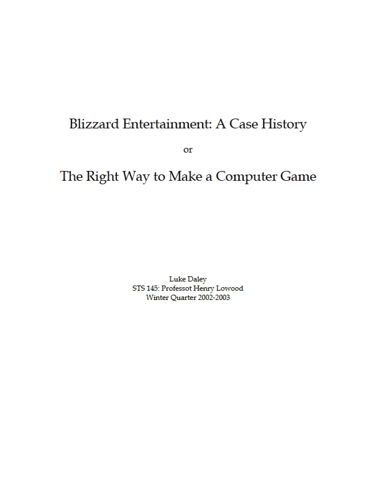Case History of Blizzard Entertainment