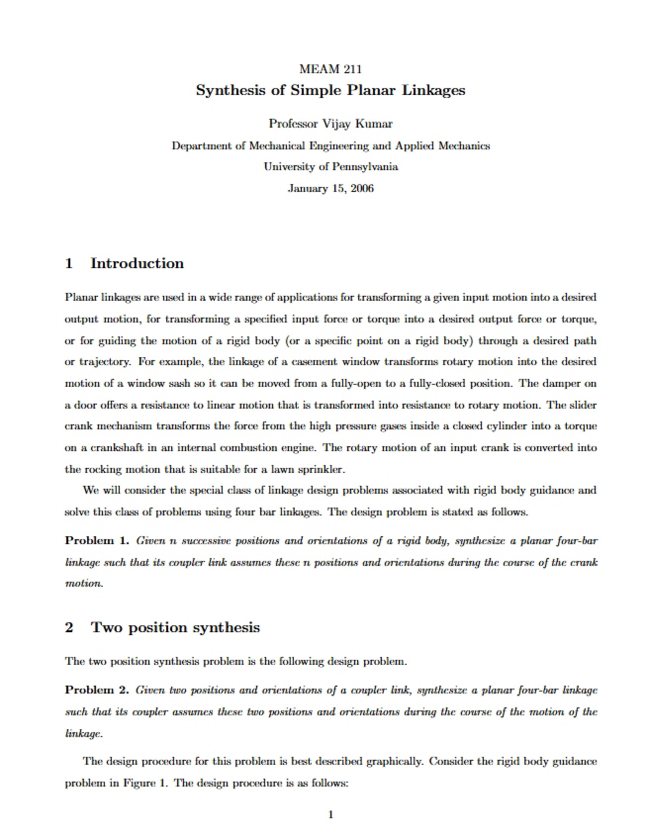 Synthesis of Simple Planar Linkages