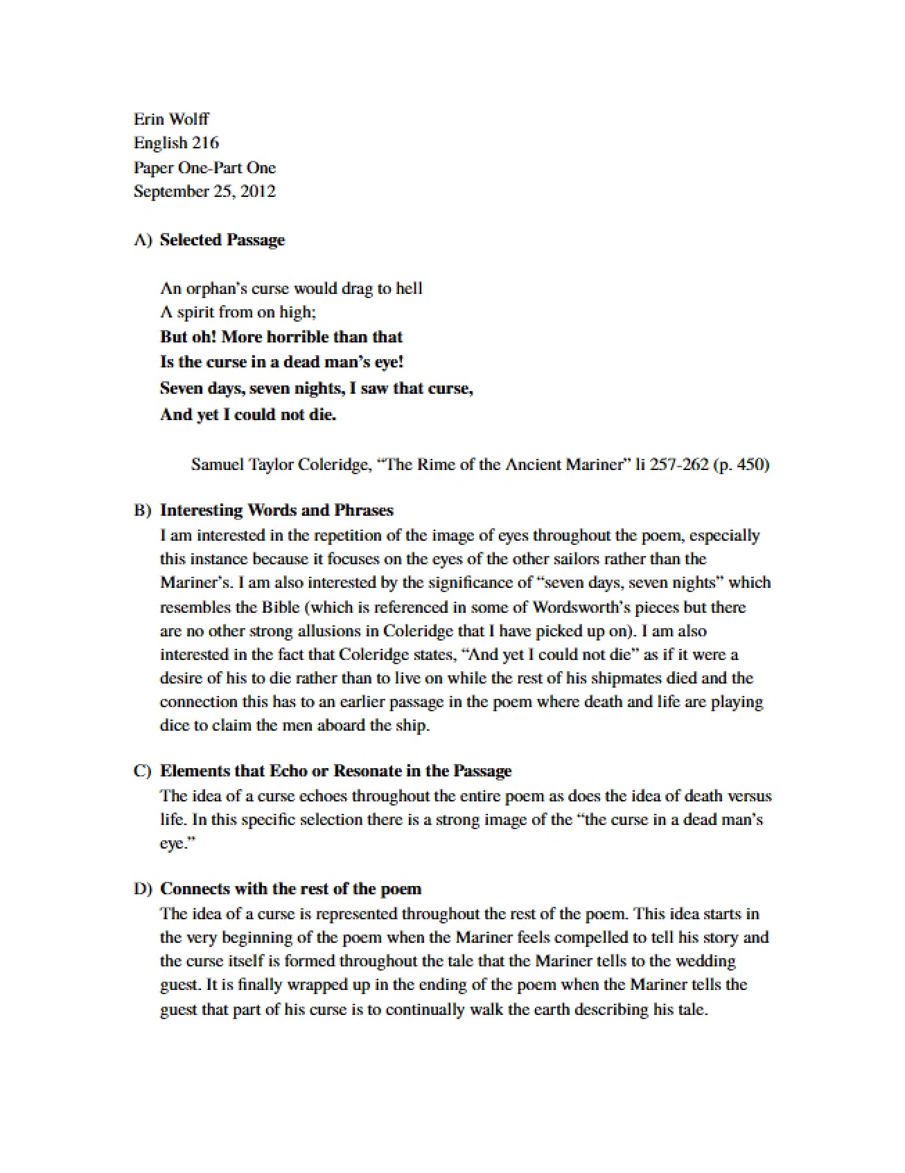Part One of English 216 Paper