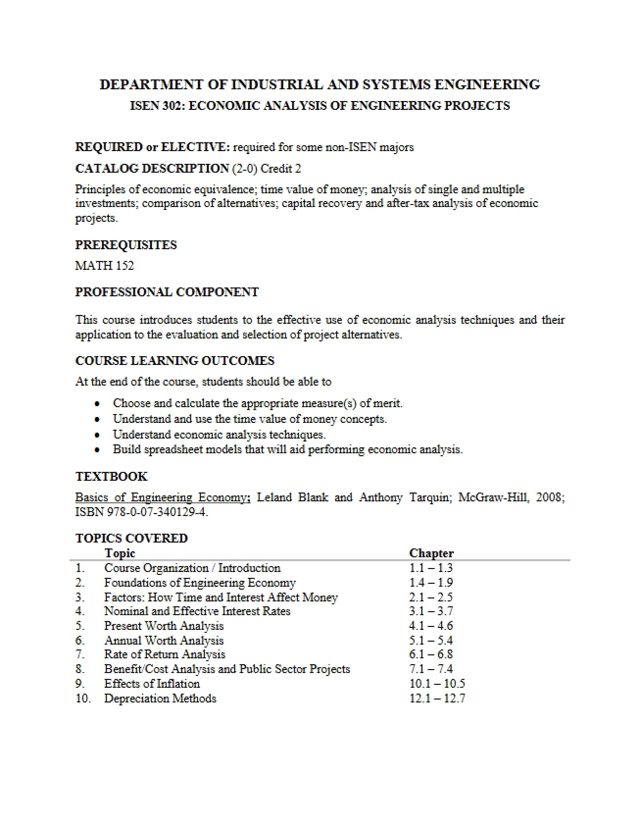 Course Syllabus for ISEN 302