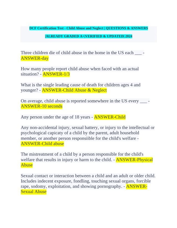 Child Abuse and Neglect - DCF Certification Questions & Answers