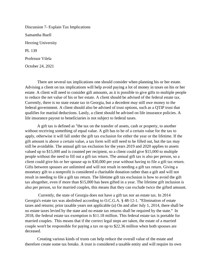 Tax Implications for Discussion 7