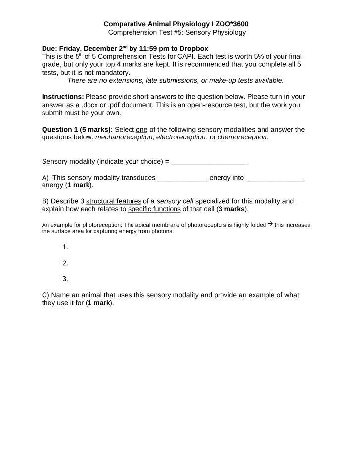 Sensory Physiology Comprehension Test #5