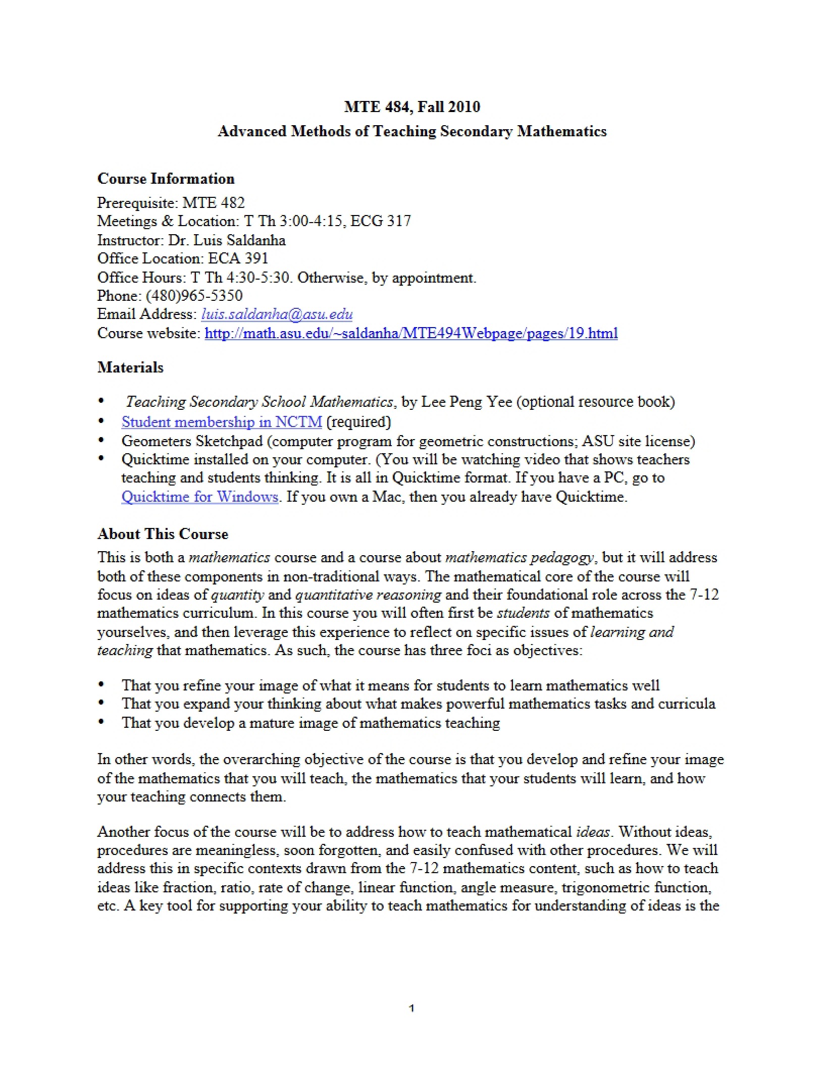 Math Teaching Methods Syllabus