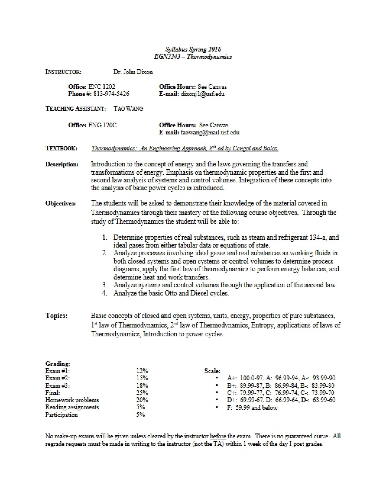 Syllabus for Thermodynamics Spring 2016