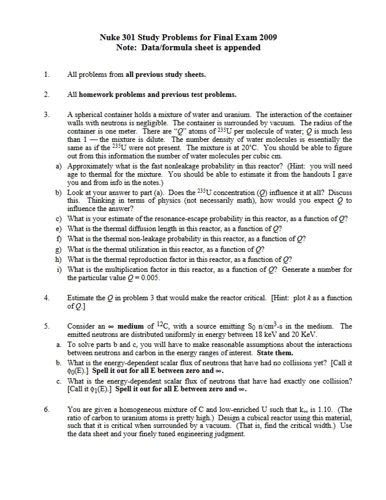 NUEN 301 Study Problems for Final Exam (2009)