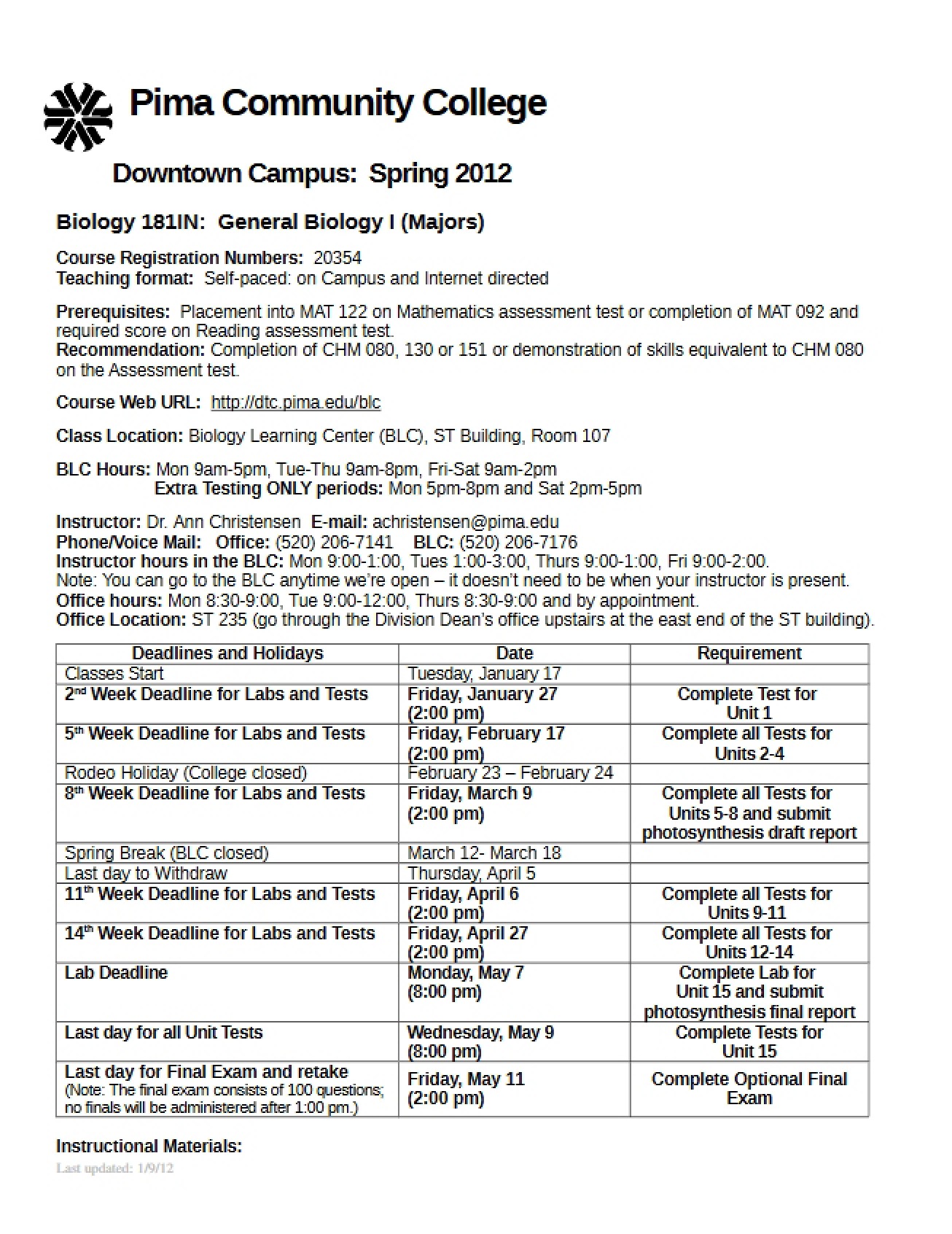 Syllabus for General Biology I