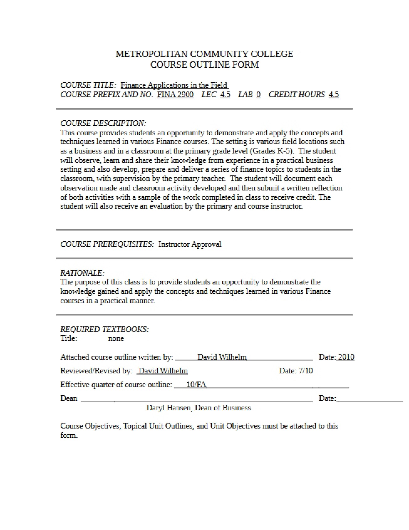 Special Finance Topics Outline