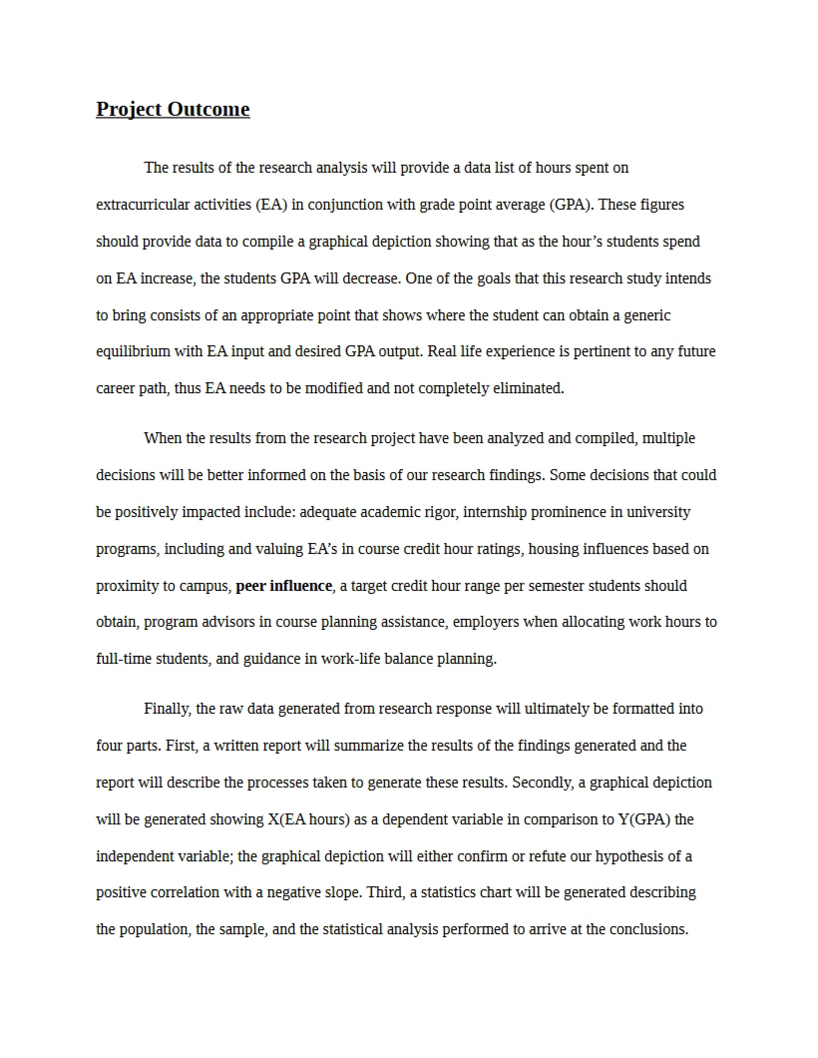 Research Proposal Section Project Outcomes