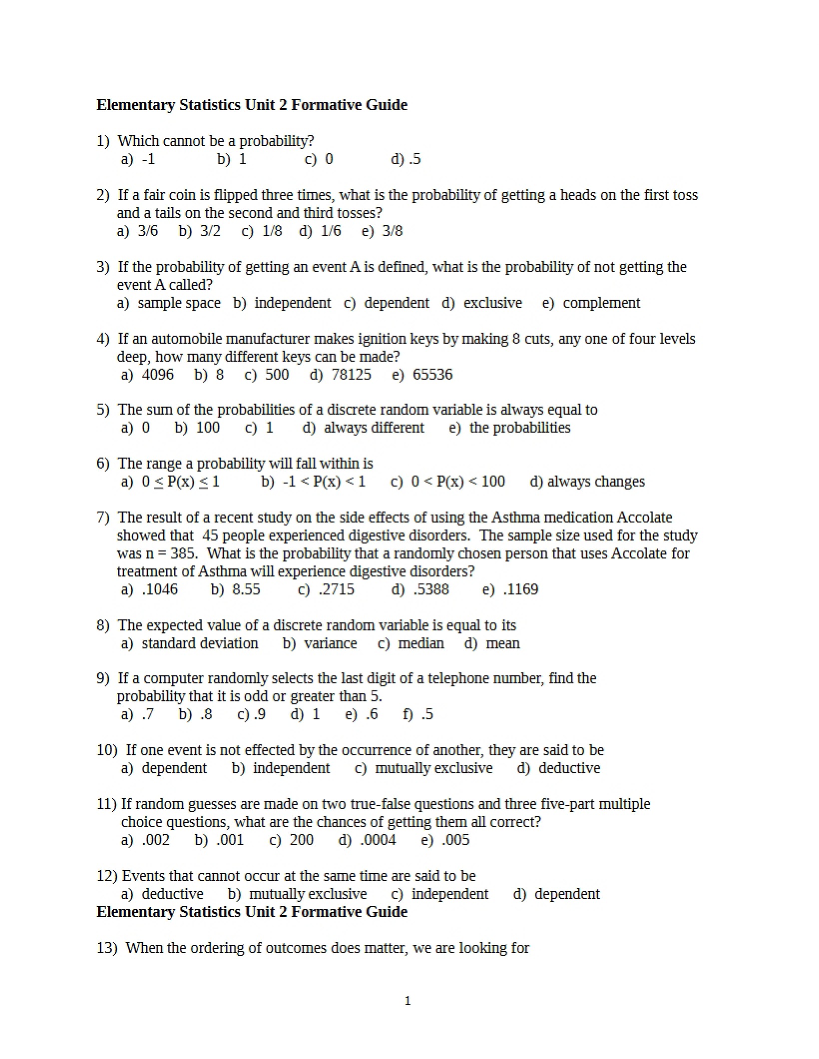 Unit 2 Formative Guide for Statistics