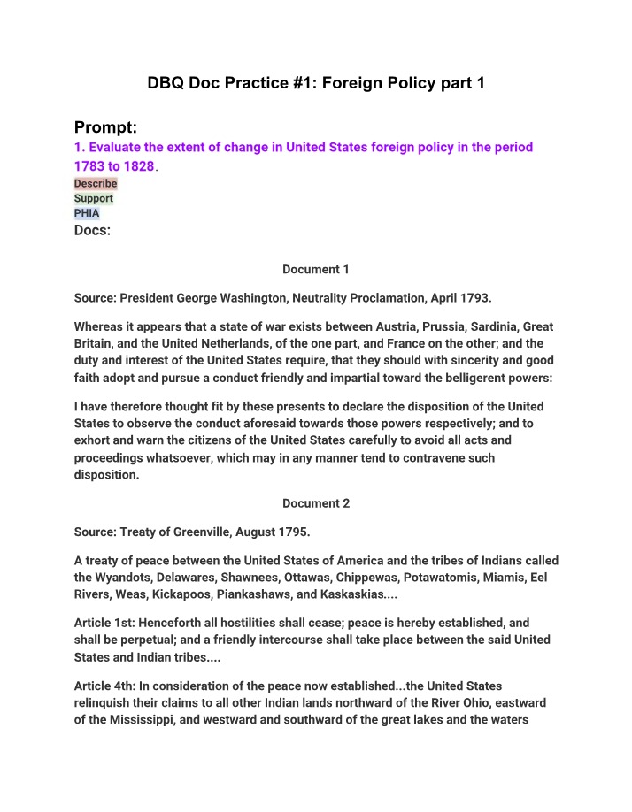 United States Foreign Policy Change (1783-1828) DBQ Practice