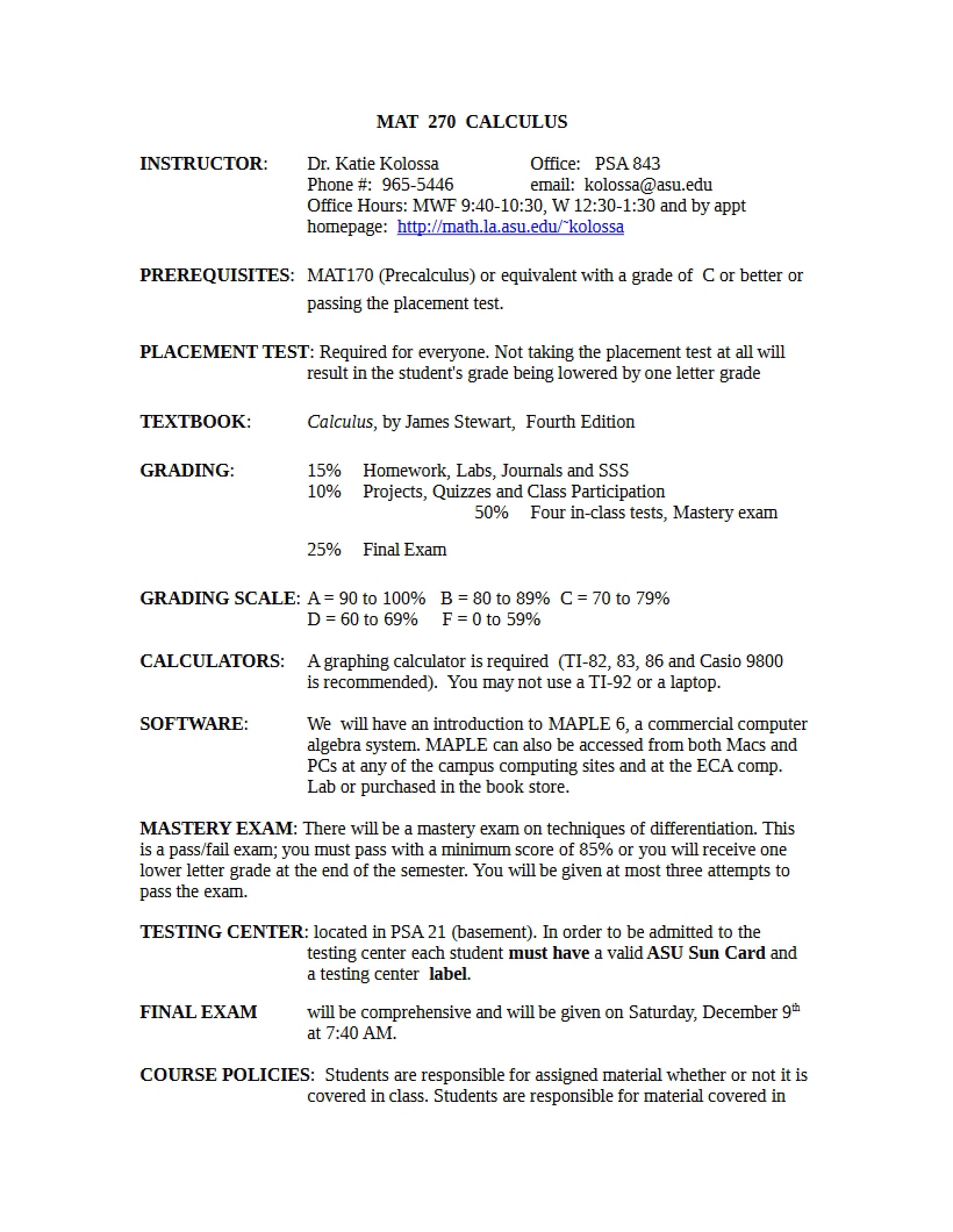 Calculus I Course Outline