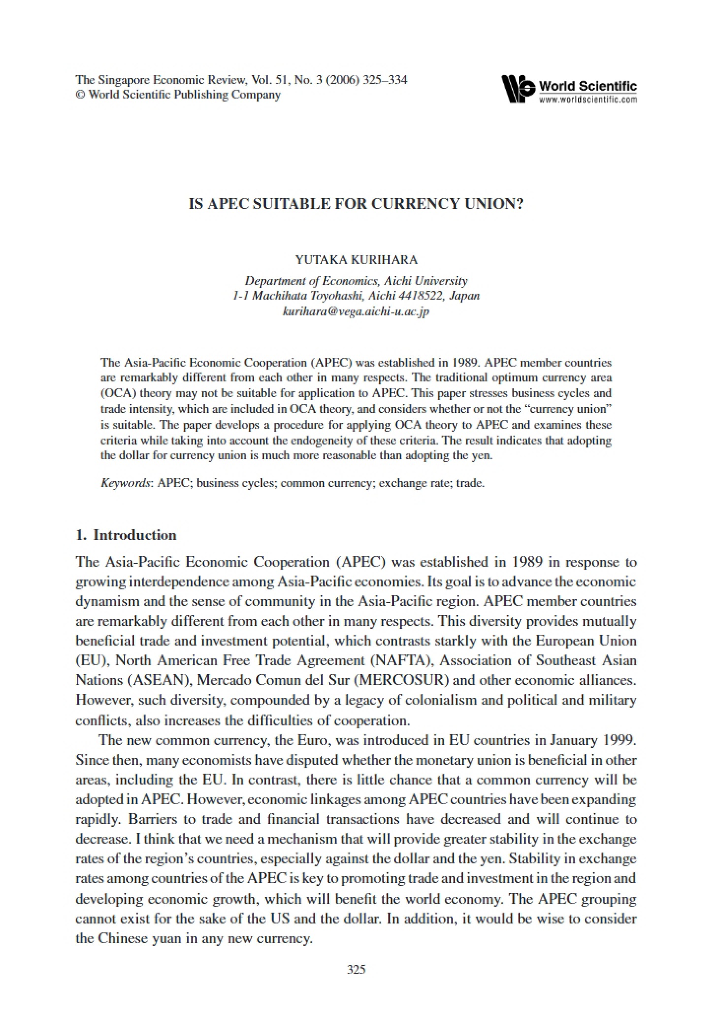 Currency Union Suitability APEC