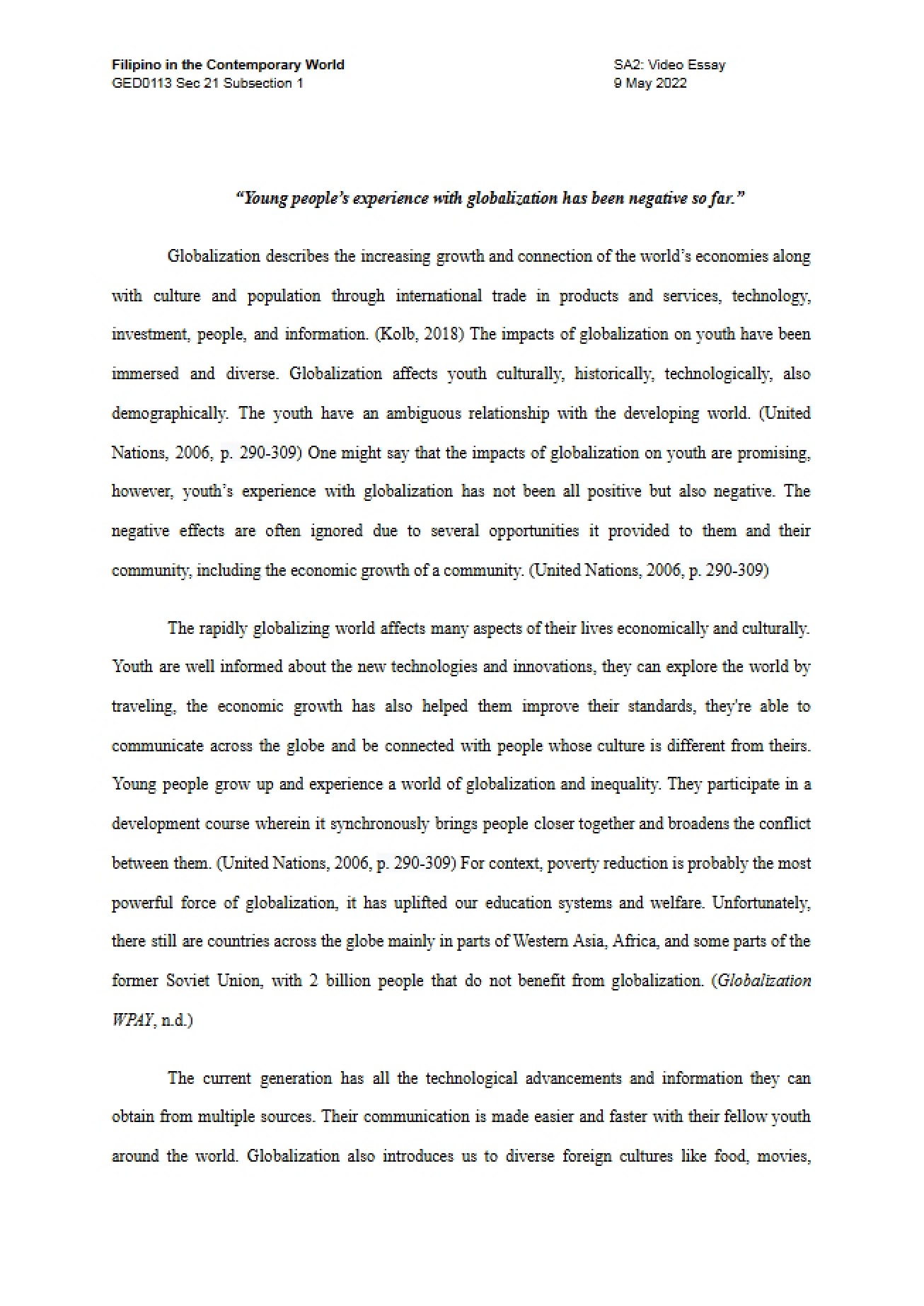 Essay Presented via Video