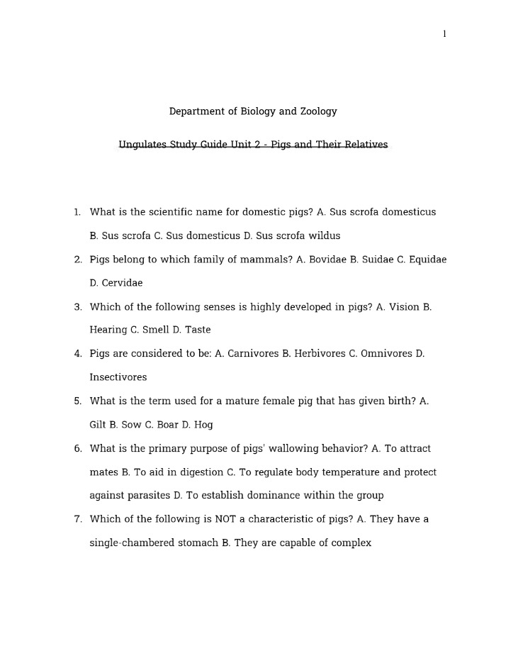 Unit 2 Study Guide - Ungulates - Pigs and Their Relatives