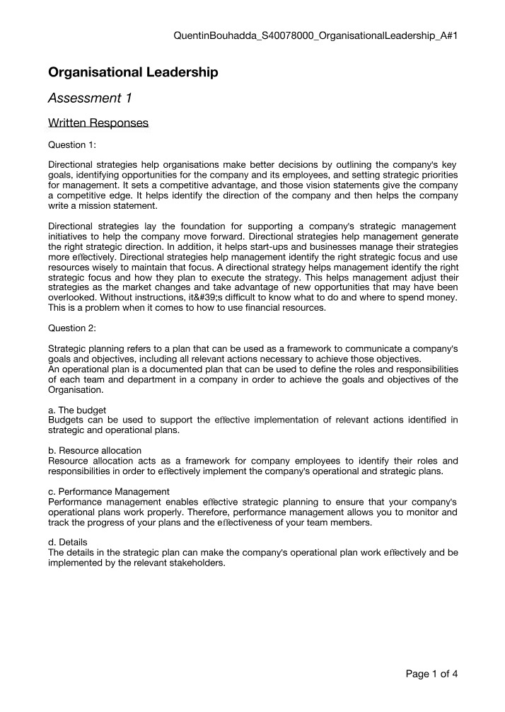 Written Responses for Organisational Leadership Assessment 1