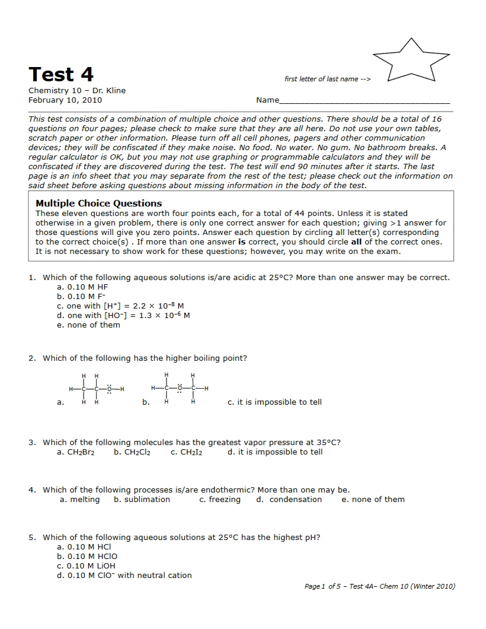 Test 4 Chemistry 10