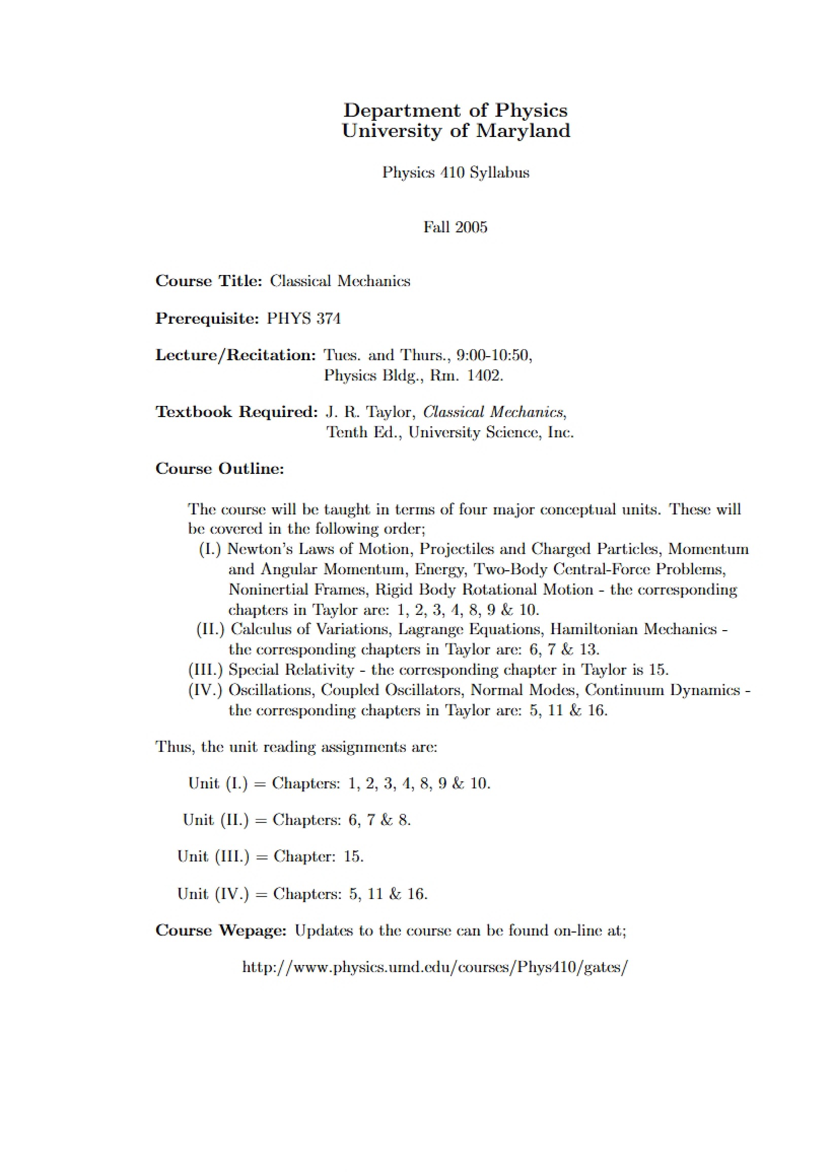 Classical Mechanics Syllabus