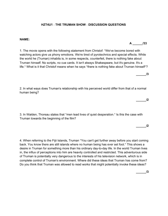 Discussion Questions - The Truman Show