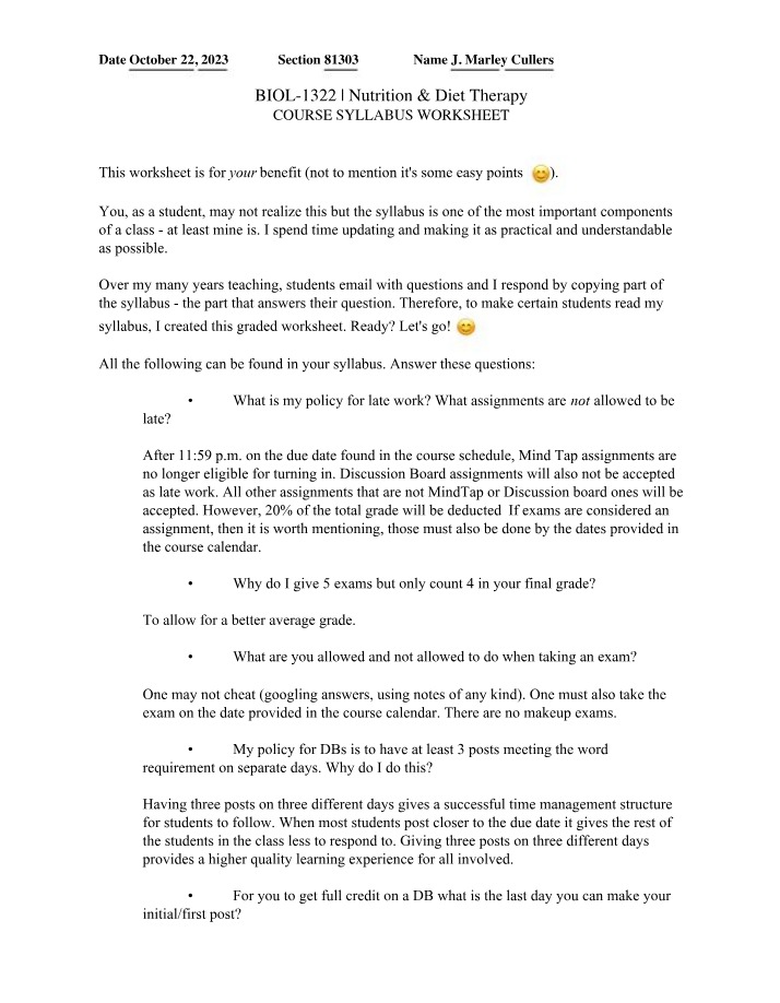 BIOL 1322 Nutrition & Diet Therapy Syllabus Worksheet