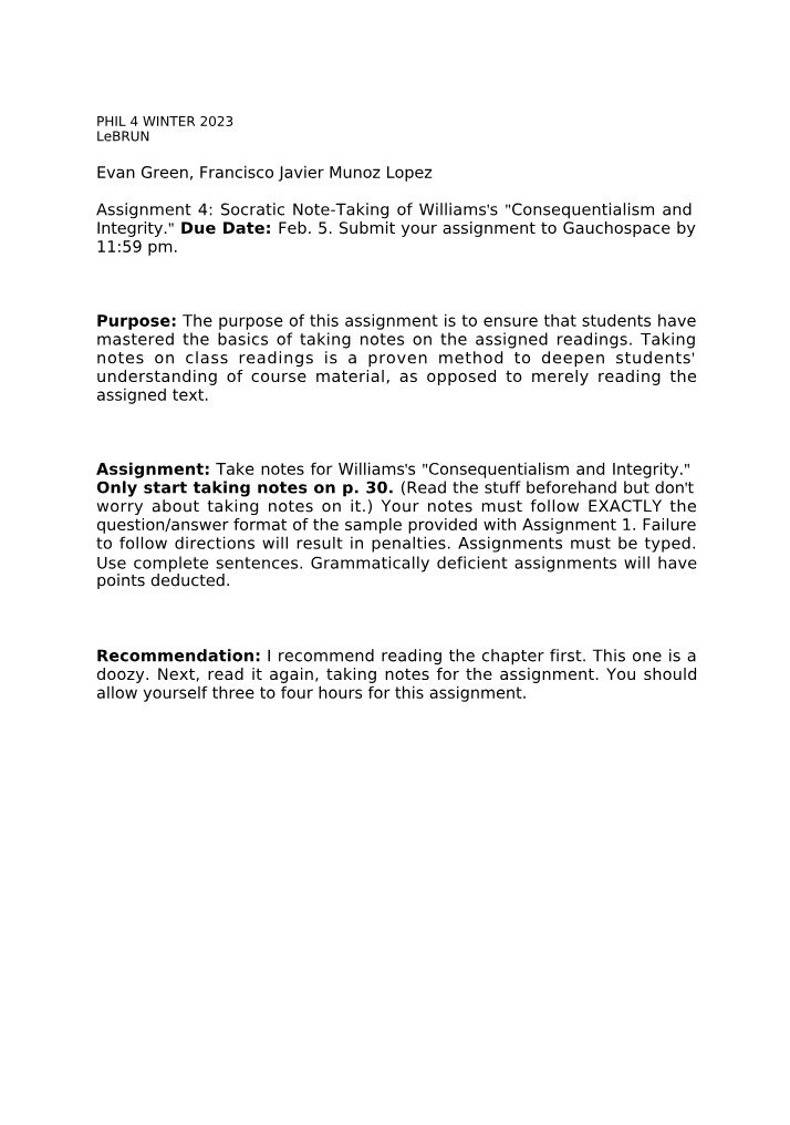 Assignment 4 - Socratic Notes on Williams's Consequentialism and Integrity