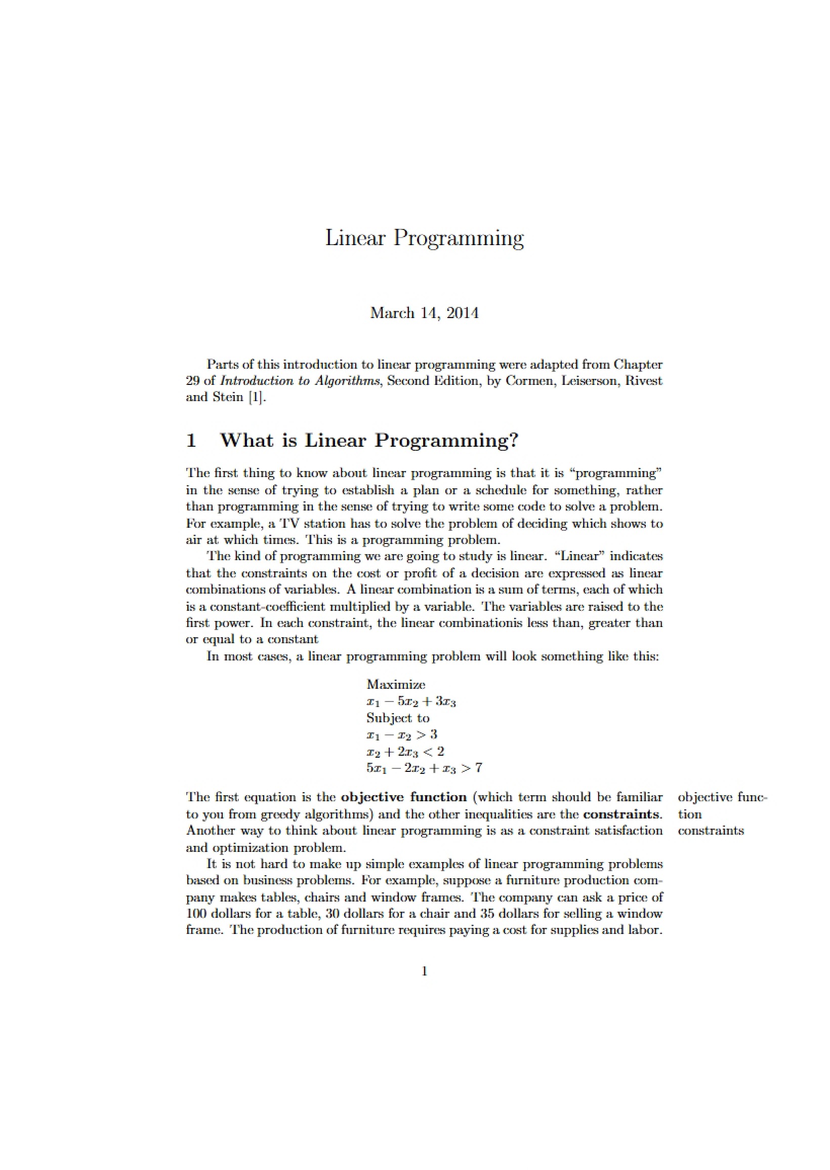 Notes on Linear Programming
