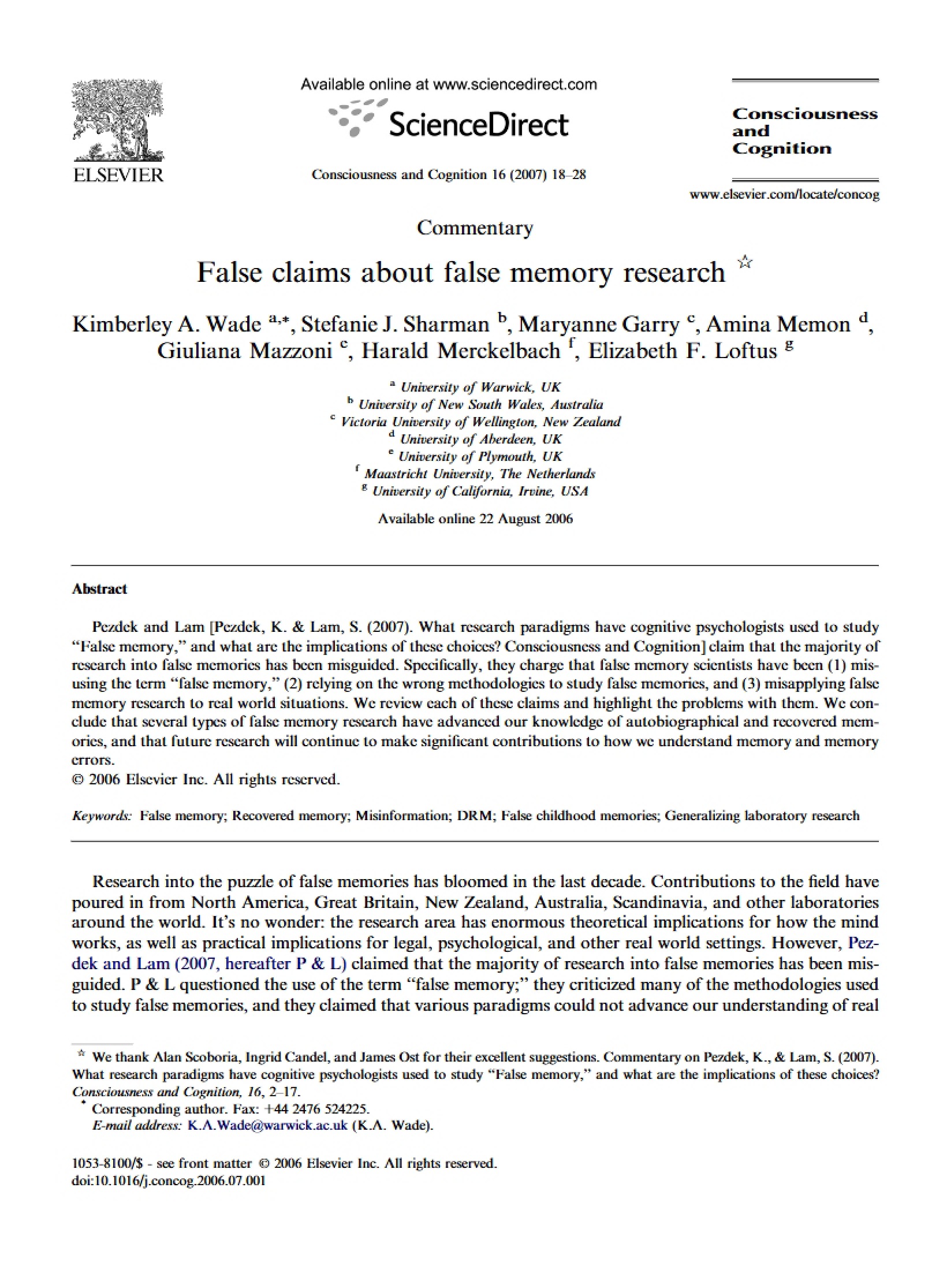 False Memory Research Claims (2006)