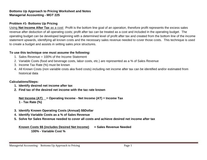 Bottoms Up Pricing - Notes and Worksheet