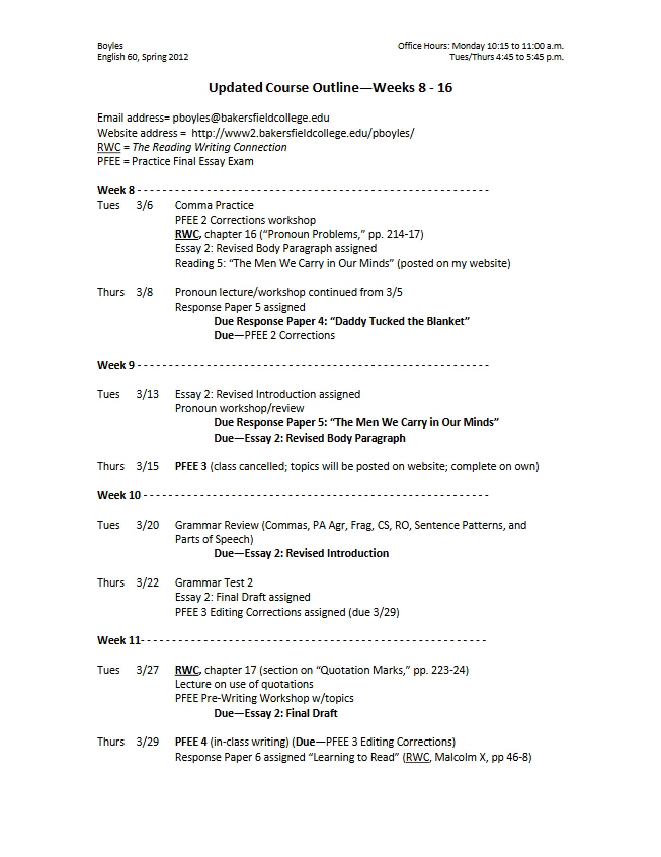 Weeks 8 to 16 Updated Outline