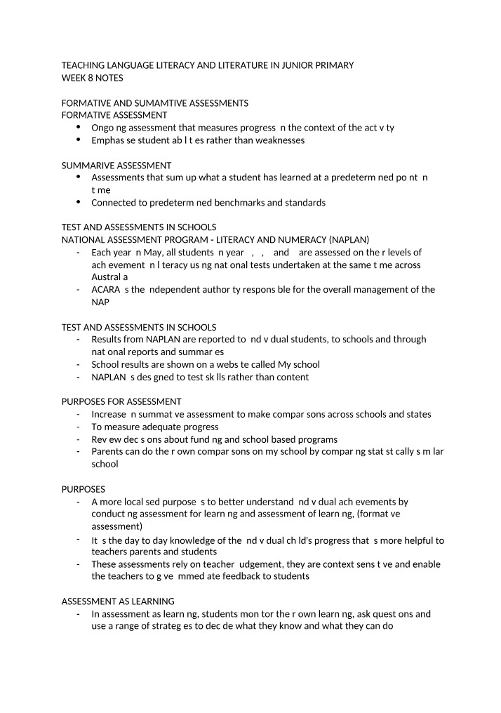 Week 8 Notes - Teaching Language, Literacy, and Literature