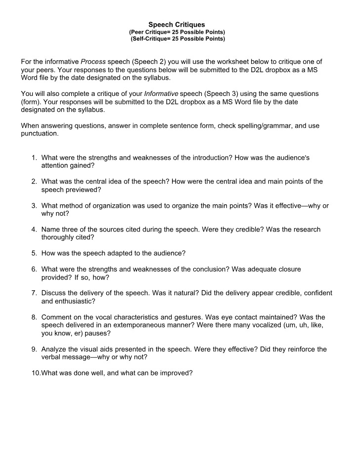 Worksheet for Speech Critique