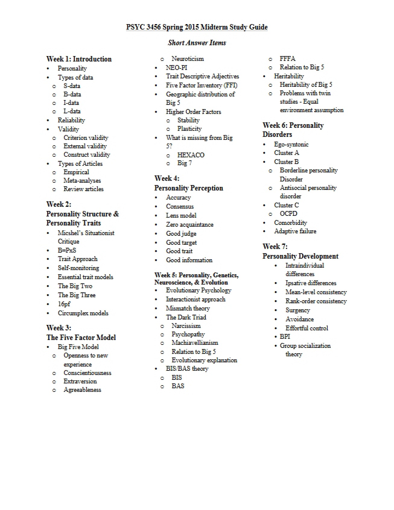 Midterm Study Guide for Psychology of Personality, Spring 2015