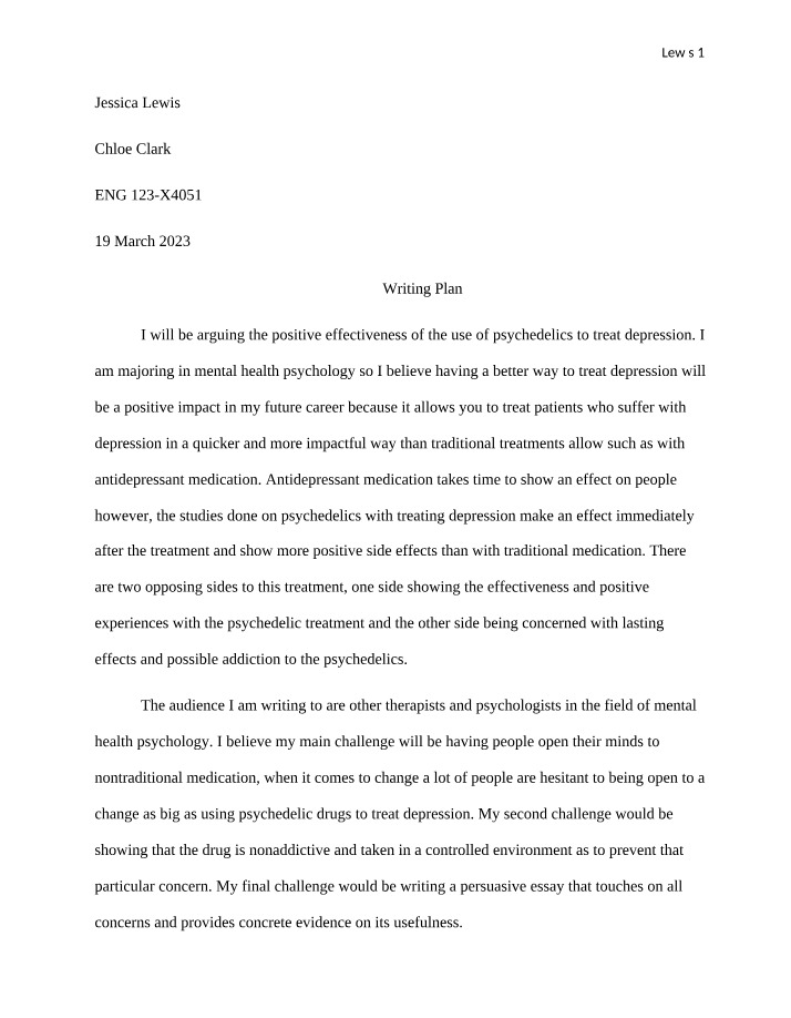 Writing Plan - The Positive Impact of Psychedelics in Treating Depression