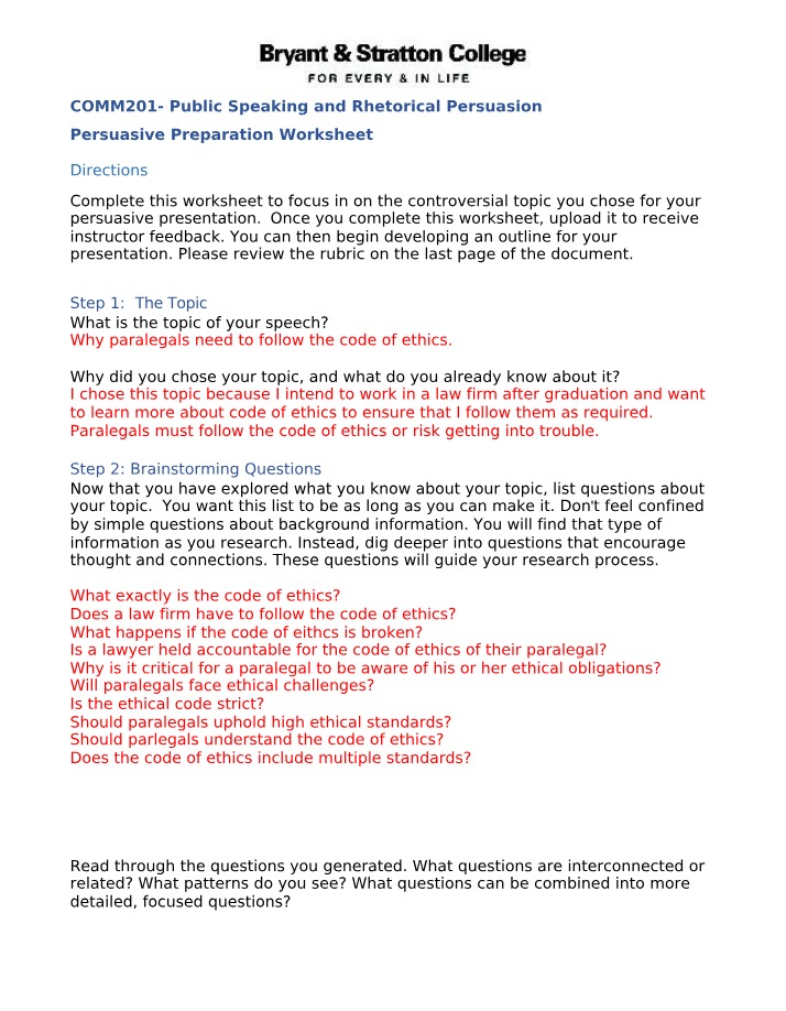 Worksheet for Persuasive Preparation