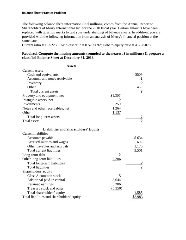 Practice Problem for Balance Sheet