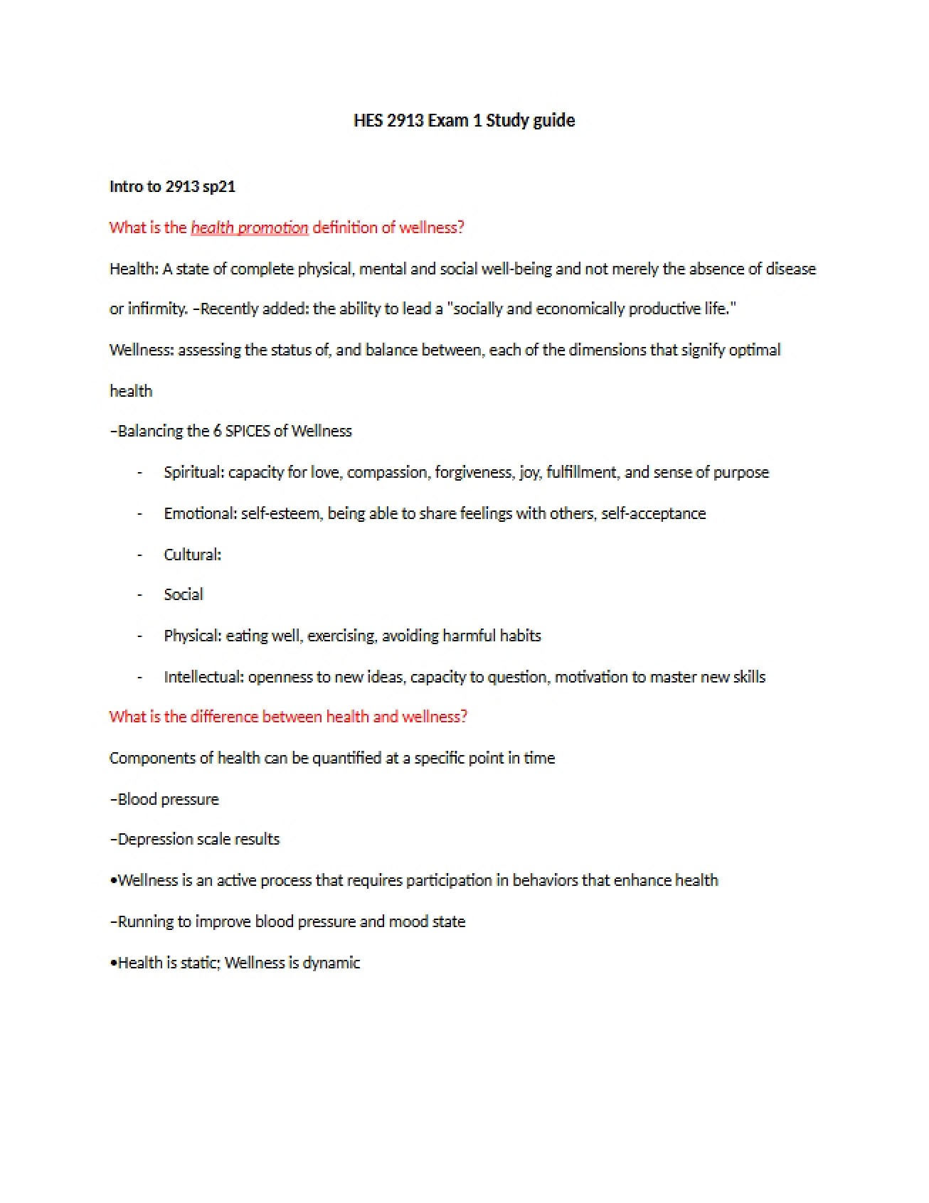 Study Guide for HES 2913 Exam 1