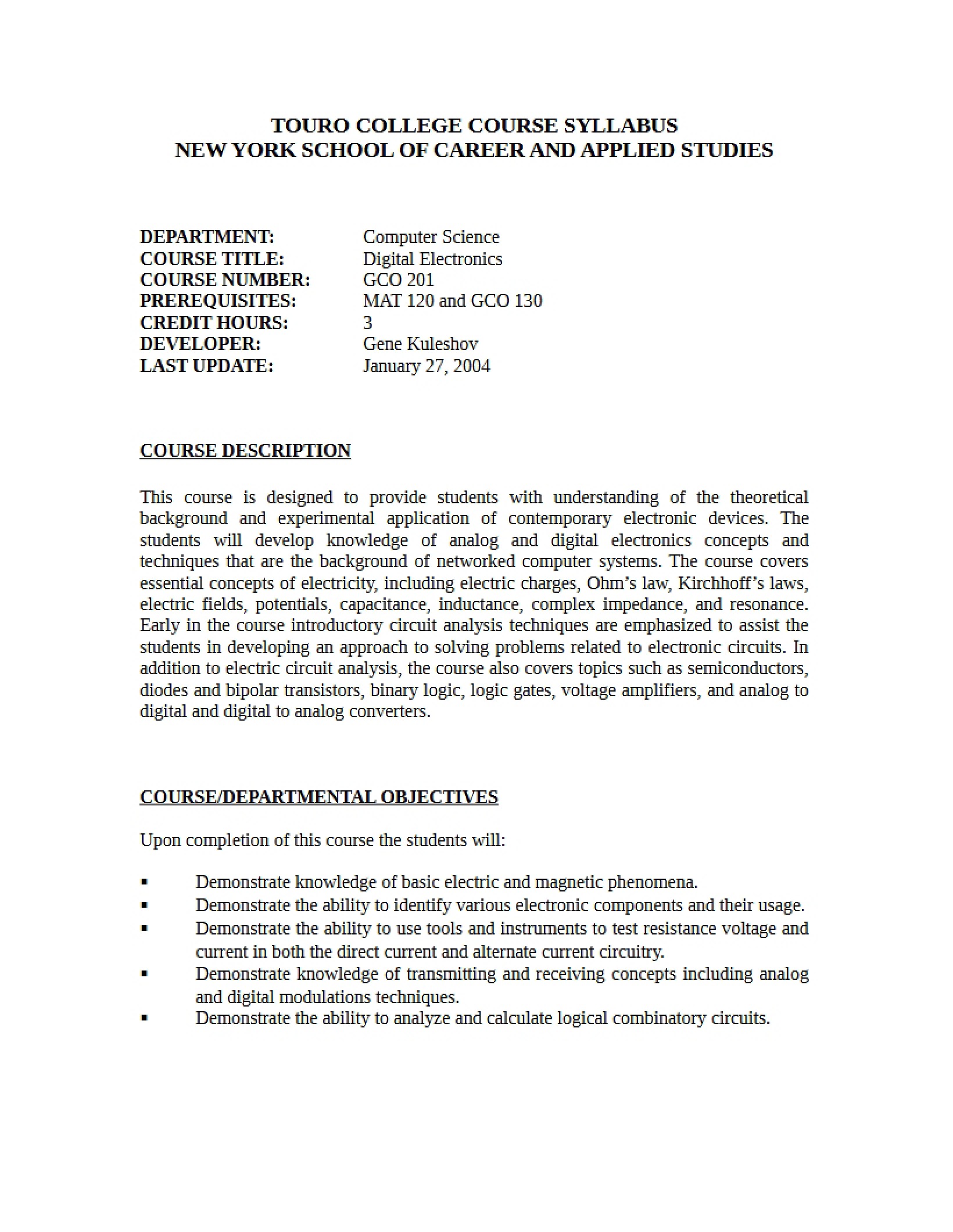 Digital Electronics Course Outline