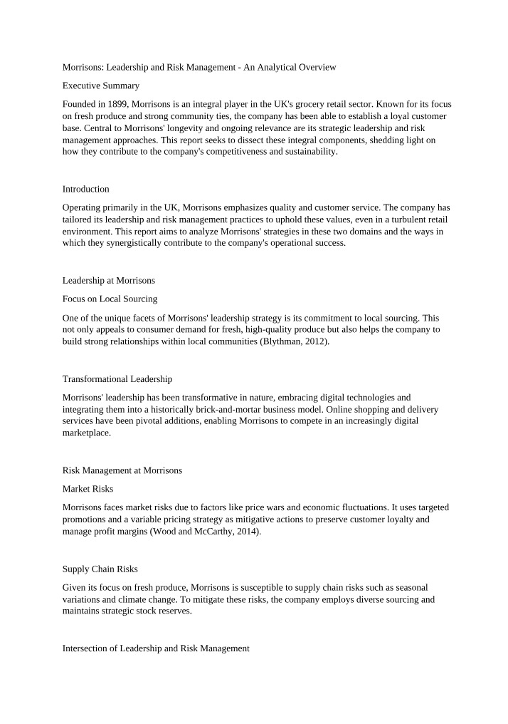 Leadership and Risk Management Strategies at Morrisons