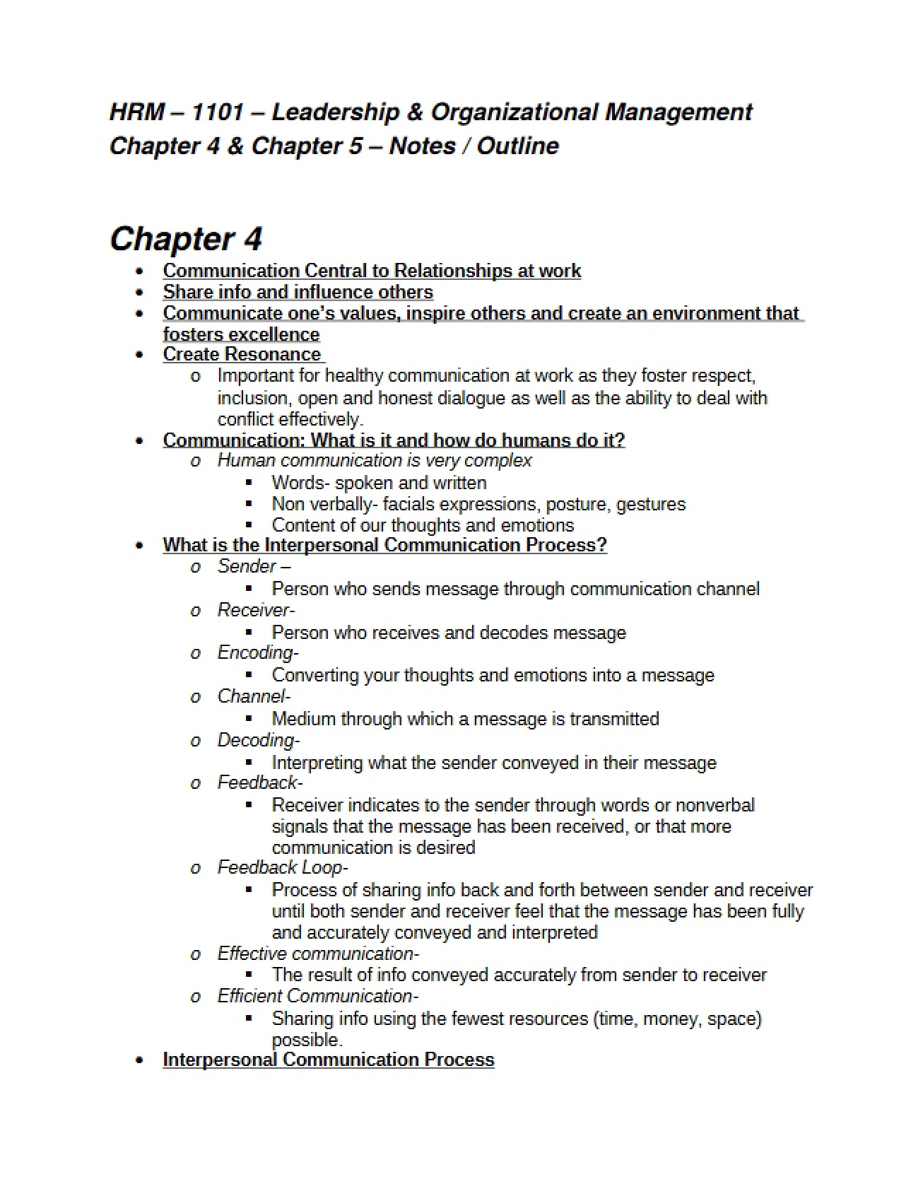 Outline of Notes for Chapters 4 and 5